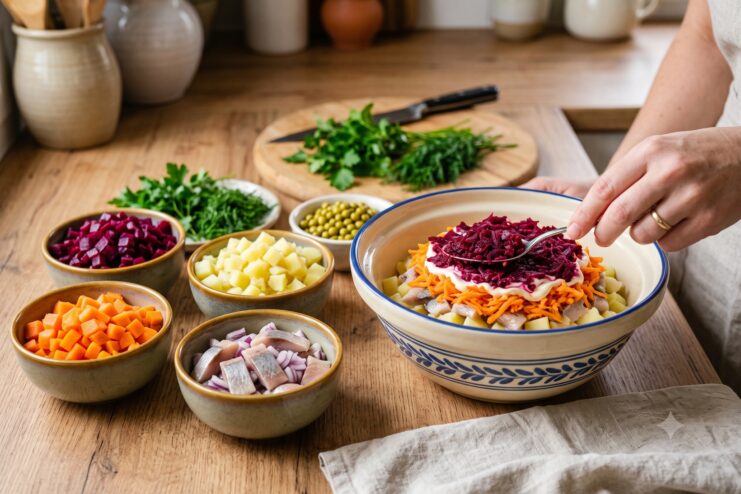Ingredientes preparados para ensaladas festivas Proceso de montaje de una ensalada de arenque en capas con los distintos ingredientes preparados en boles individuales.