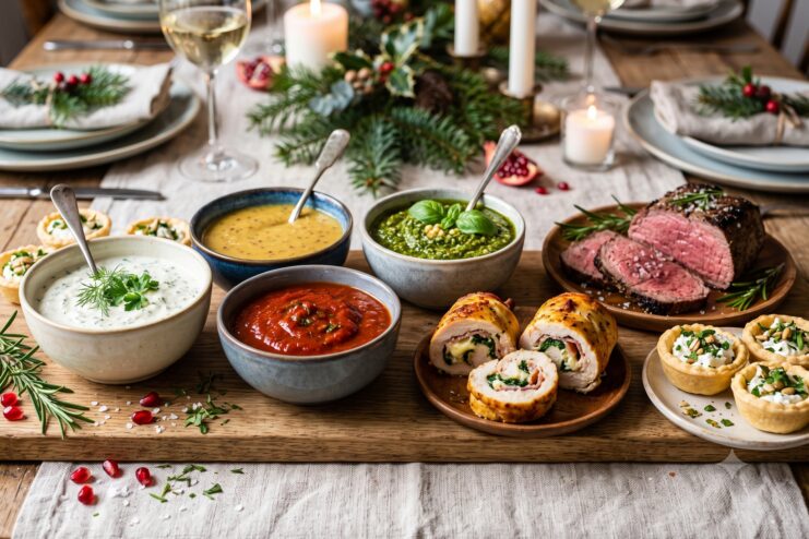Salsas preparadas para acompañar carnes y pescados Salseras con una variedad de salsas y aderezos distribuidas a lo largo de una elegante mesa festiva.