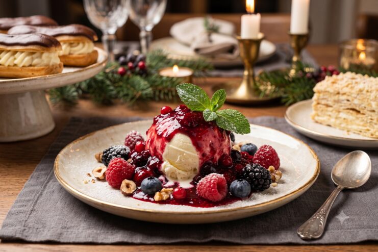 Postres rápidos para la mesa festiva Bola de helado de vainilla con salsa de frutos rojos, pequeños eclairs y porción de tarta milhojas con velas.