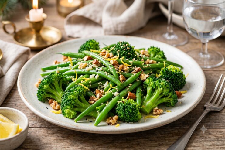 Guarnición festiva de verduras verdes Plato de judías verdes brillantes y brócoli espolvoreados con nueces picadas y semillas de sésamo tostadas.