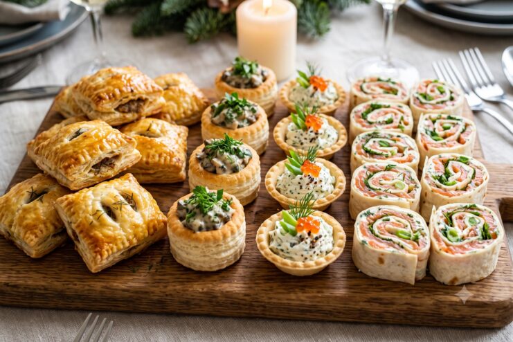 Aperitivos con masa de hojaldre y pan de pita Variedad de tartaletas rellenas, rollitos de pan de pita y mini empanadillas de hojaldre servidos en una tabla de madera.