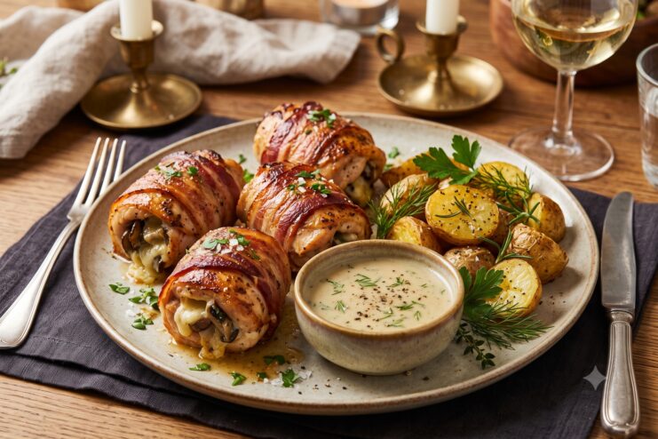 Plato principal de muslos de pollo al horno Rollitos de pollo asados envueltos en crujiente bacon, servidos con guarnición de patatas y salsa caliente.
