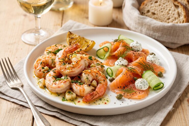 Mariscos y pescado ahumado para la cena Plato con apetitosas gambas salteadas al ajillo acompañadas de finas lonchas de salmón ahumado y eneldo.