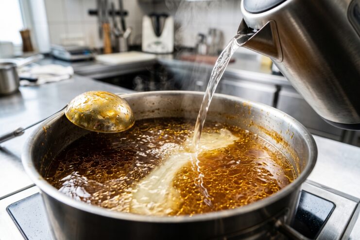 Verter agua hirviendo de un hervidor en una olla con sopa en la cocina