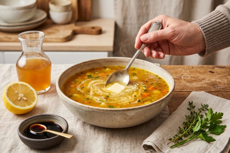 Mantequilla, limón y salsa de soja utilizados para recuperar el sabor de una sopa