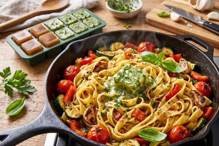 Pasta Con Verduras Y Hielo Culinario Aromático De Aceite Sartén con pasta caliente y verduras sobre las que se deshace un cubito congelado de aceite de oliva con hierbas.