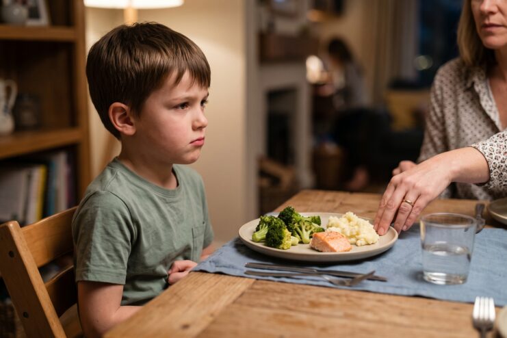 Niño pequeño triste sentado a la mesa se niega a comer su brócoli y puré