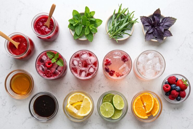 Ingredientes saludables para limonada casera infantil con frutas frescas y siropes
