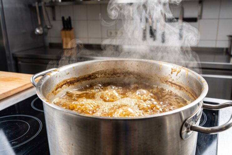 Olla con caldo hirviendo vigorosamente sobre el fuego de la cocina