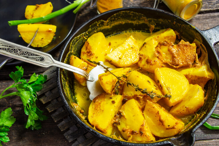 Patatas doradas con cúrcuma recién salidas del horno en una fuente