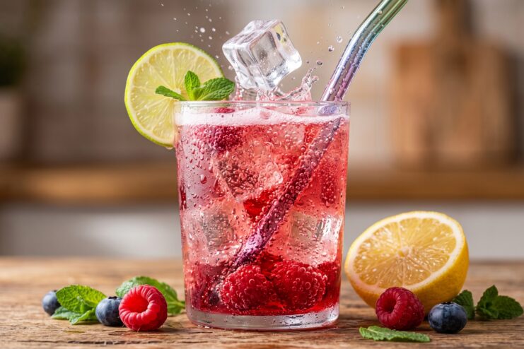 Refrescante limonada casera de frutos rojos con lima y menta fresca en vaso con hielo
