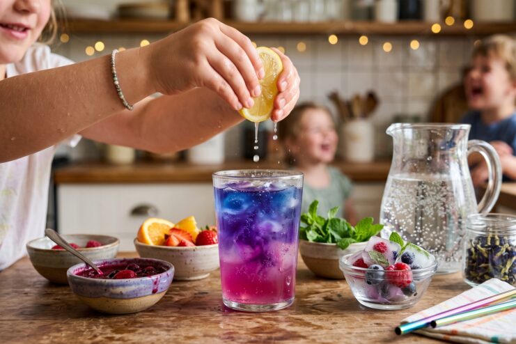 Manos infantiles exprimiendo limón en vaso de té azul que se vuelve lila