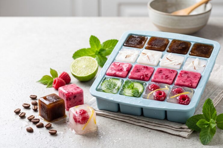 Hielo Con Sabor De Colores En Molde De Silicona Molde de silicona sobre la mesa con cubitos de hielo de colores hechos de frutos rojos, café, coco y pepino.