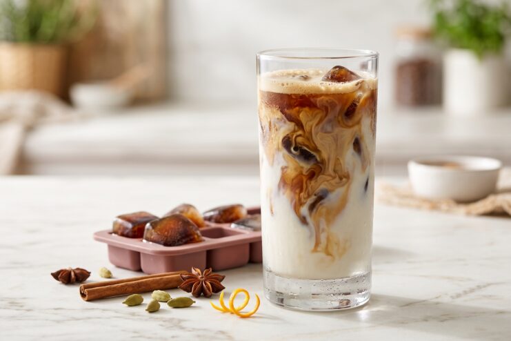 Iced Latte Refrescante Con Hielo De Café Y Especias Vaso de iced latte frío con hielo de café, leche, ramas de canela y anís estrellado sobre la mesa.