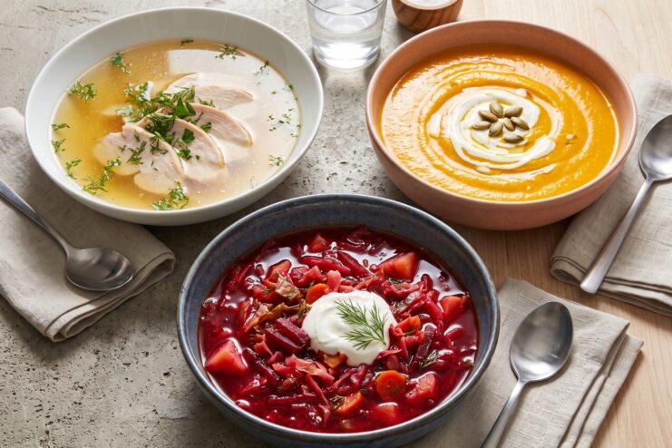 Tres cuencos con diferentes sopas: caldo de pollo, crema de calabaza y sopa de remolacha