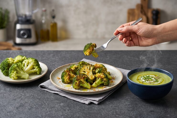 Brócoli asado crujiente en un plato y crema verde suave en un bol azul