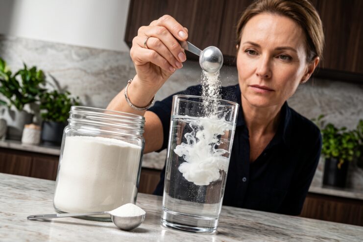Mujer echando una cucharada de colágeno en polvo blanco en un vaso de agua