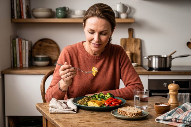 Mujer almorzando un plato equilibrado con pescado, brócoli y verduras en la cocina